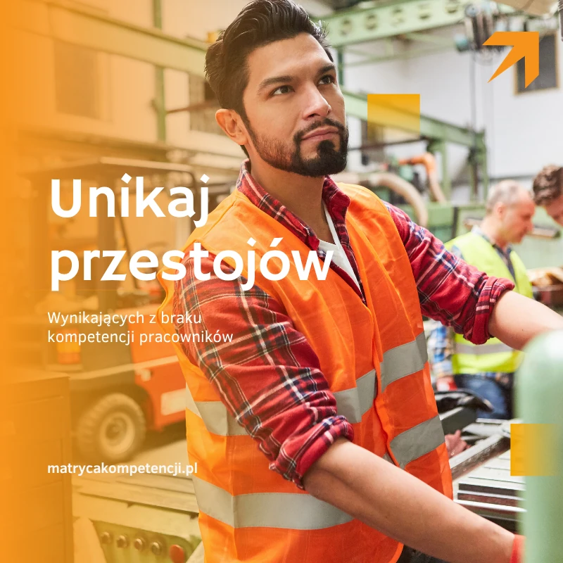 Pracownik produkcji w kamizelce. Jak zmniejszyć przestoje na produkcji przez zarządzanie kompetencjami.