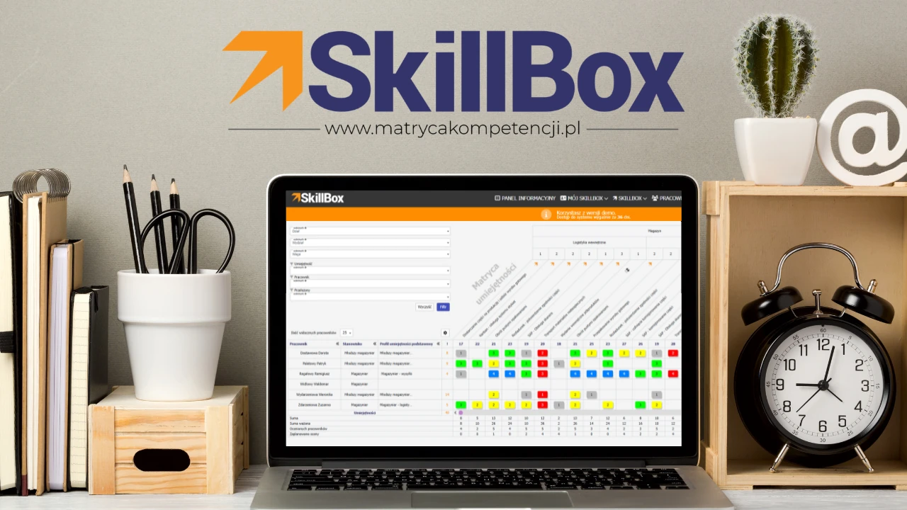 Interaktywna matryca umiejętności na ekranie laptopa w systemie SkillBox.